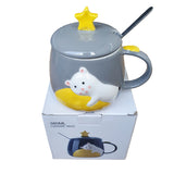 Mug Pocillo Oso Gato Estrella Ceramica Con Tapa + Cuchara