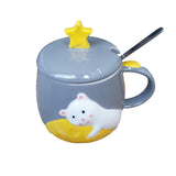 Mug Pocillo Oso Gato Estrella Ceramica Con Tapa + Cuchara