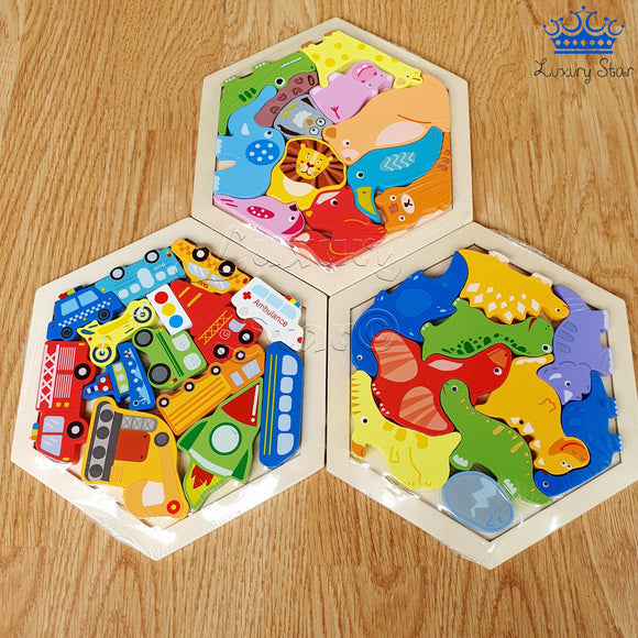 Tangram Hexagonal Madera Animales Dinosaurios Carros Puzzle