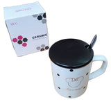 Mug Pocillo Ceramica Blanco Negro Mickey Puntos Tapa Cuchara