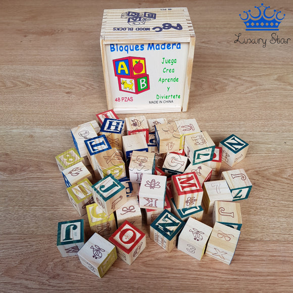 Bloques Abc Madera Figuras Letras Animales 48 Piezas 3 Cm