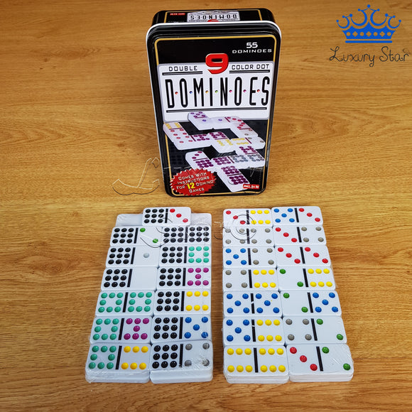 Domino 55 Fichas Color Doble 9 Juego Mesa Caja Metalica
