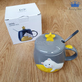 Mug Pocillo Oso Gato Estrella Ceramica Con Tapa + Cuchara