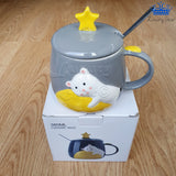 Mug Pocillo Oso Gato Estrella Ceramica Con Tapa + Cuchara