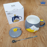 Mug Pocillo Oso Gato Estrella Ceramica Con Tapa + Cuchara