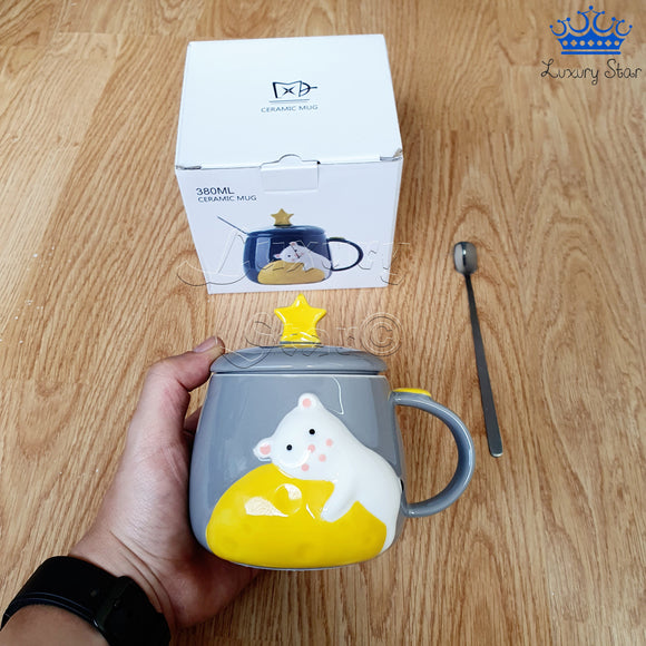Mug Pocillo Oso Gato Estrella Ceramica Con Tapa + Cuchara