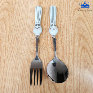 Set Cubiertos Cuchara Tenedor Conejo Acero + Estuche