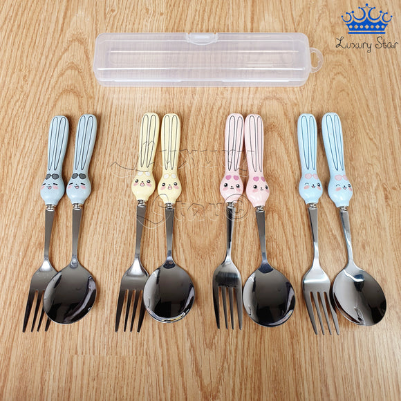 Set Cubiertos Cuchara Tenedor Conejo Acero + Estuche