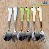 Set Cubiertos X2 Cuchara Tenedor Dinosaurio Color + Estuche