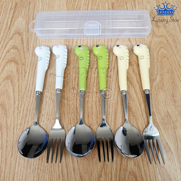 Set Cubiertos X2 Cuchara Tenedor Dinosaurio Color + Estuche