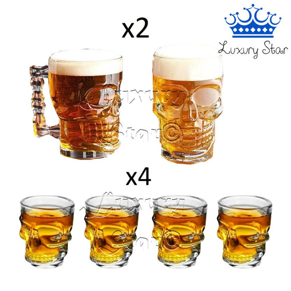 Set X2 Vasos Calavera 500 Ml + 4 Copas Shot Vidrio Promocion