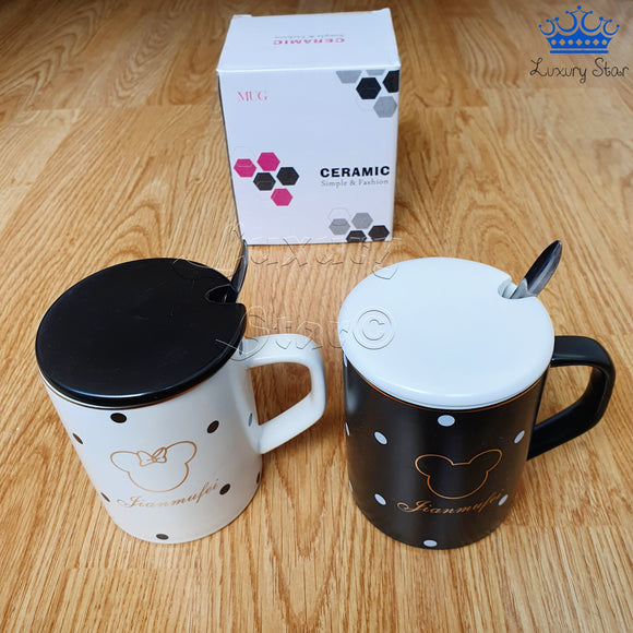 Mug Pocillo Ceramica Blanco Negro Mickey Puntos Tapa Cuchara