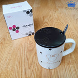 Mug Pocillo Ceramica Blanco Negro Mickey Puntos Tapa Cuchara