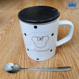 Mug Pocillo Ceramica Blanco Negro Mickey Puntos Tapa Cuchara