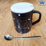Mug Pocillo Ceramica Blanco Negro Mickey Puntos Tapa Cuchara