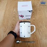Mug Pocillo Ceramica Blanco Negro Mickey Puntos Tapa Cuchara