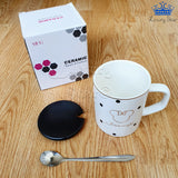 Mug Pocillo Ceramica Blanco Negro Mickey Puntos Tapa Cuchara